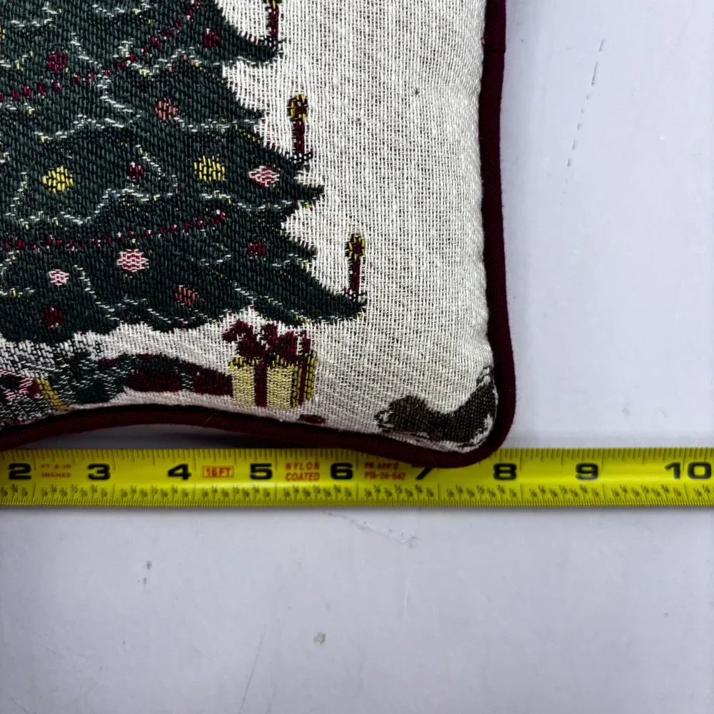 Christmas Tree Woven Tapestry Throw Pillow Burgundy Holiday Decor 8 Inch